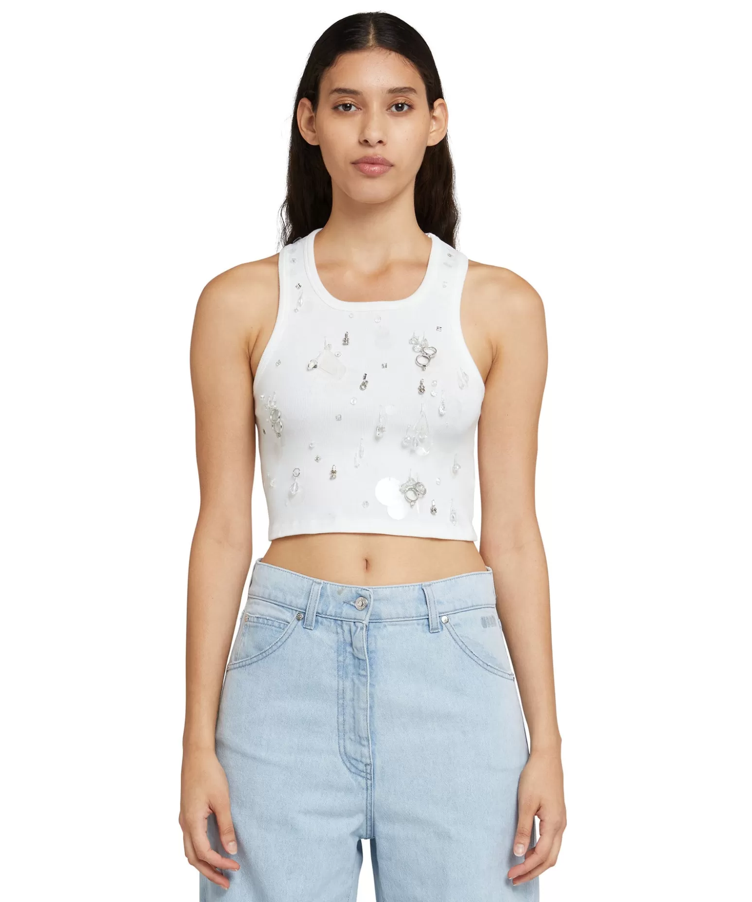 Donna MSGM Canotta Crop In Cotone Con Dettagli Gioiello Applicati