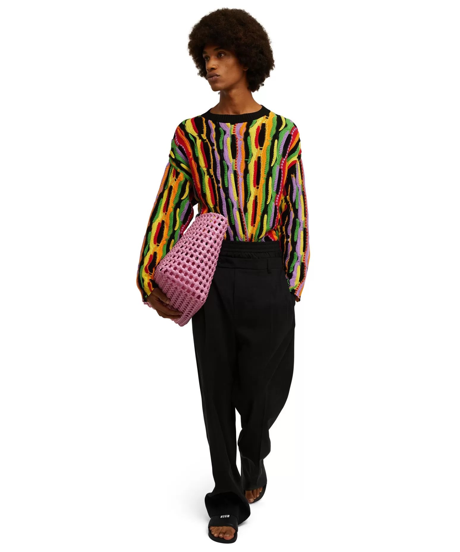 Uomo MSGM Maglione Girocollo In Maglia Di Cotone Con Rouches Multicolor