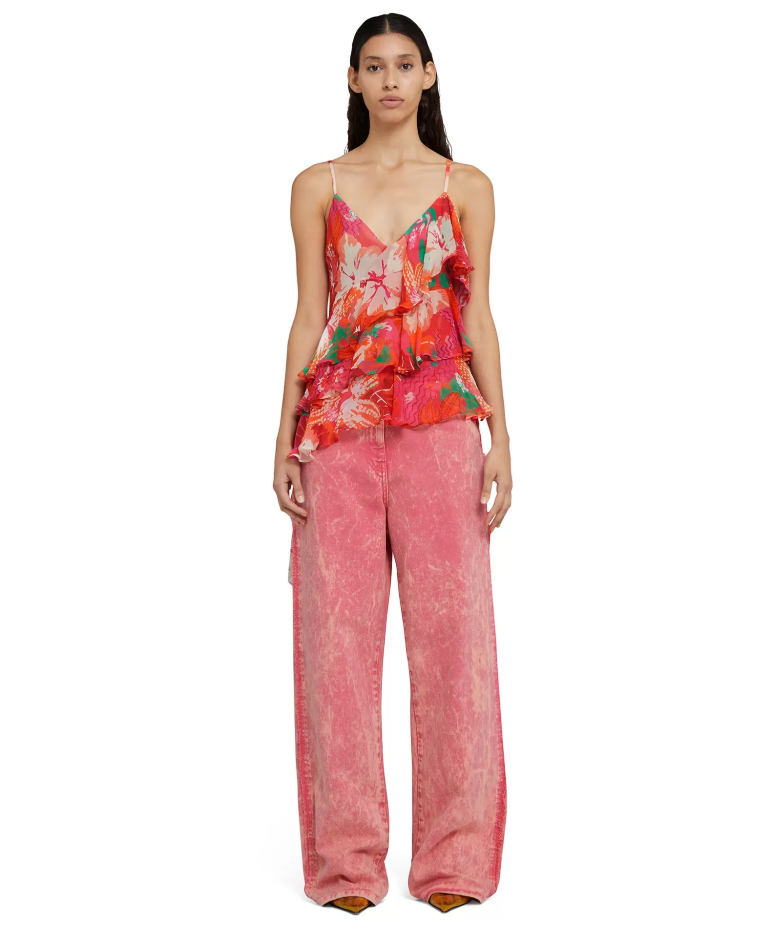 Donna MSGM Top Assimetrico Con Balze Applicate In Viscosa Crepon Con Stampa "Tropico"