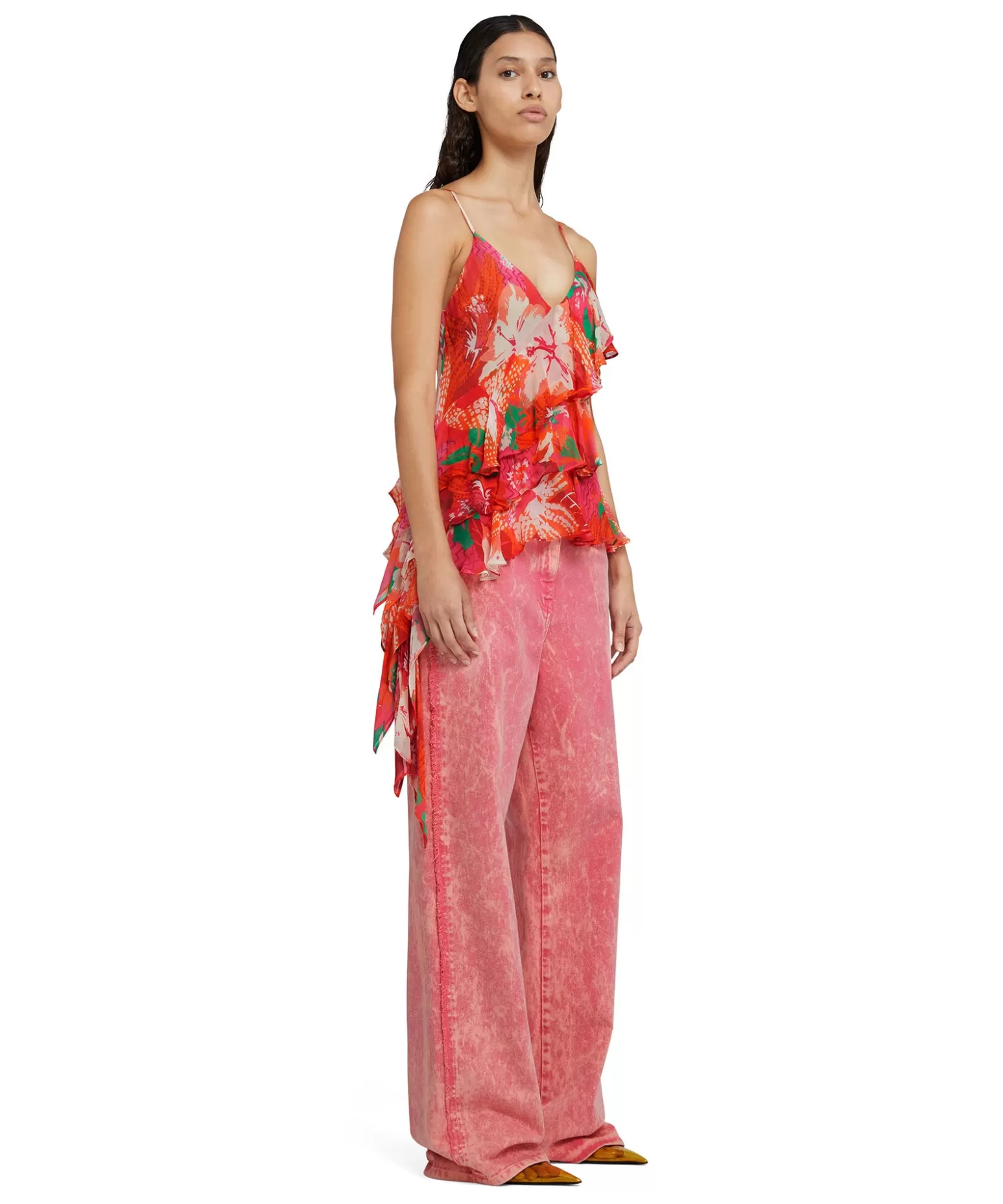Donna MSGM Top Assimetrico Con Balze Applicate In Viscosa Crepon Con Stampa "Tropico"