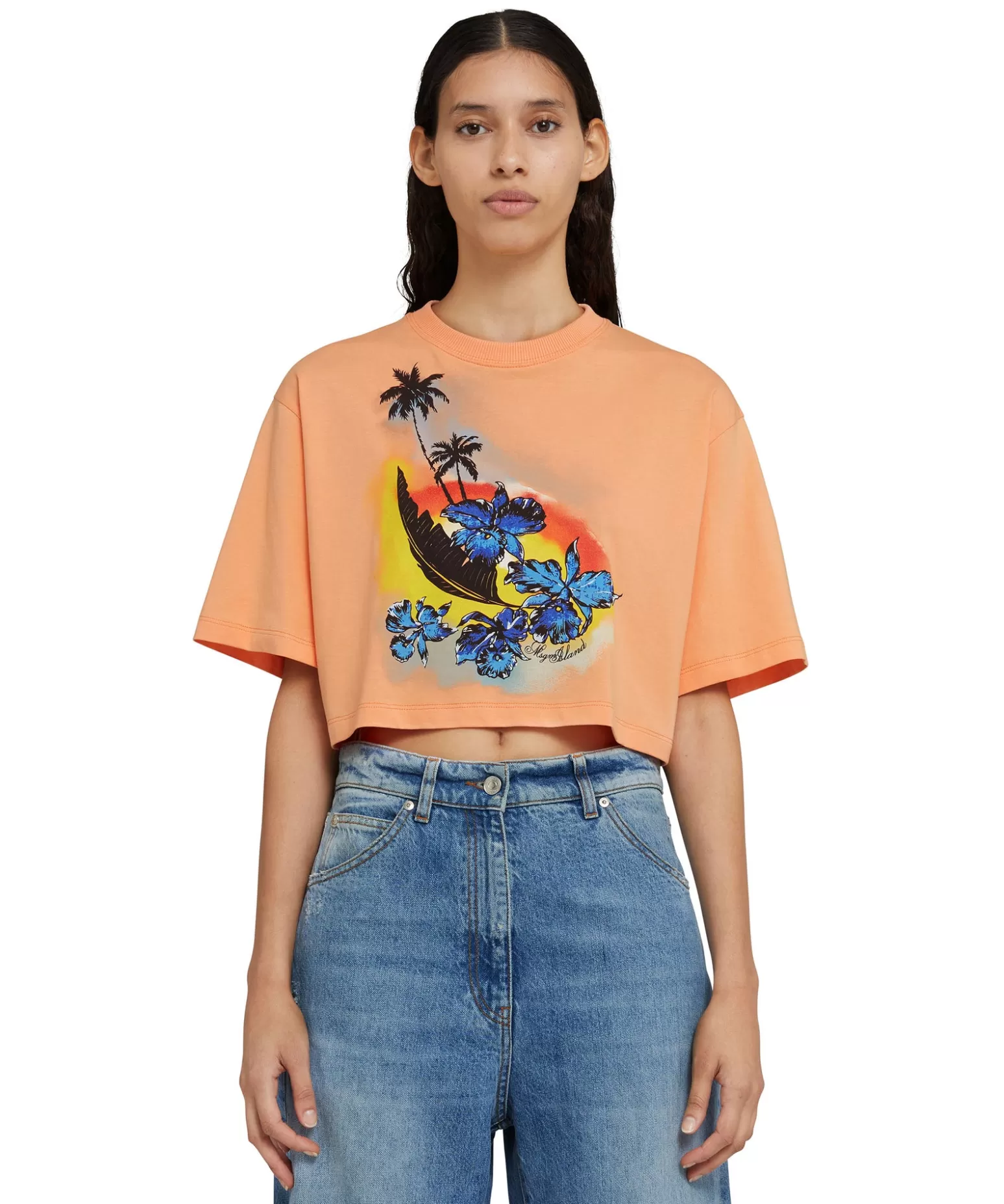 Donna MSGM T-Shirt Crop Girocollo In Cotone Tinta Unita Con Grafica " Sunset"