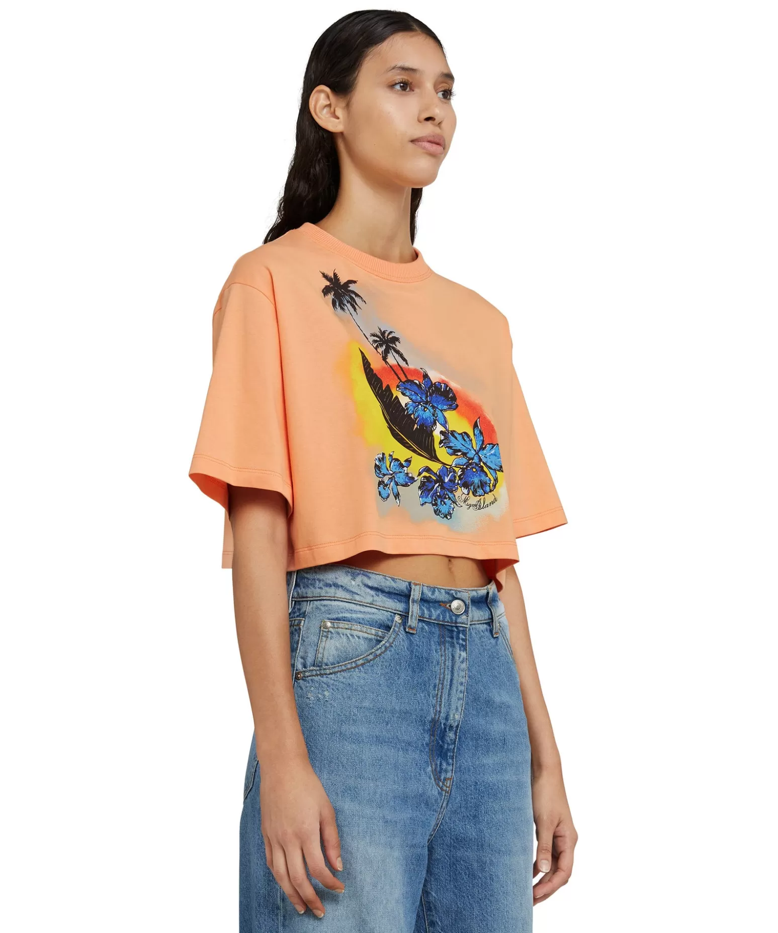 Donna MSGM T-Shirt Crop Girocollo In Cotone Tinta Unita Con Grafica " Sunset"
