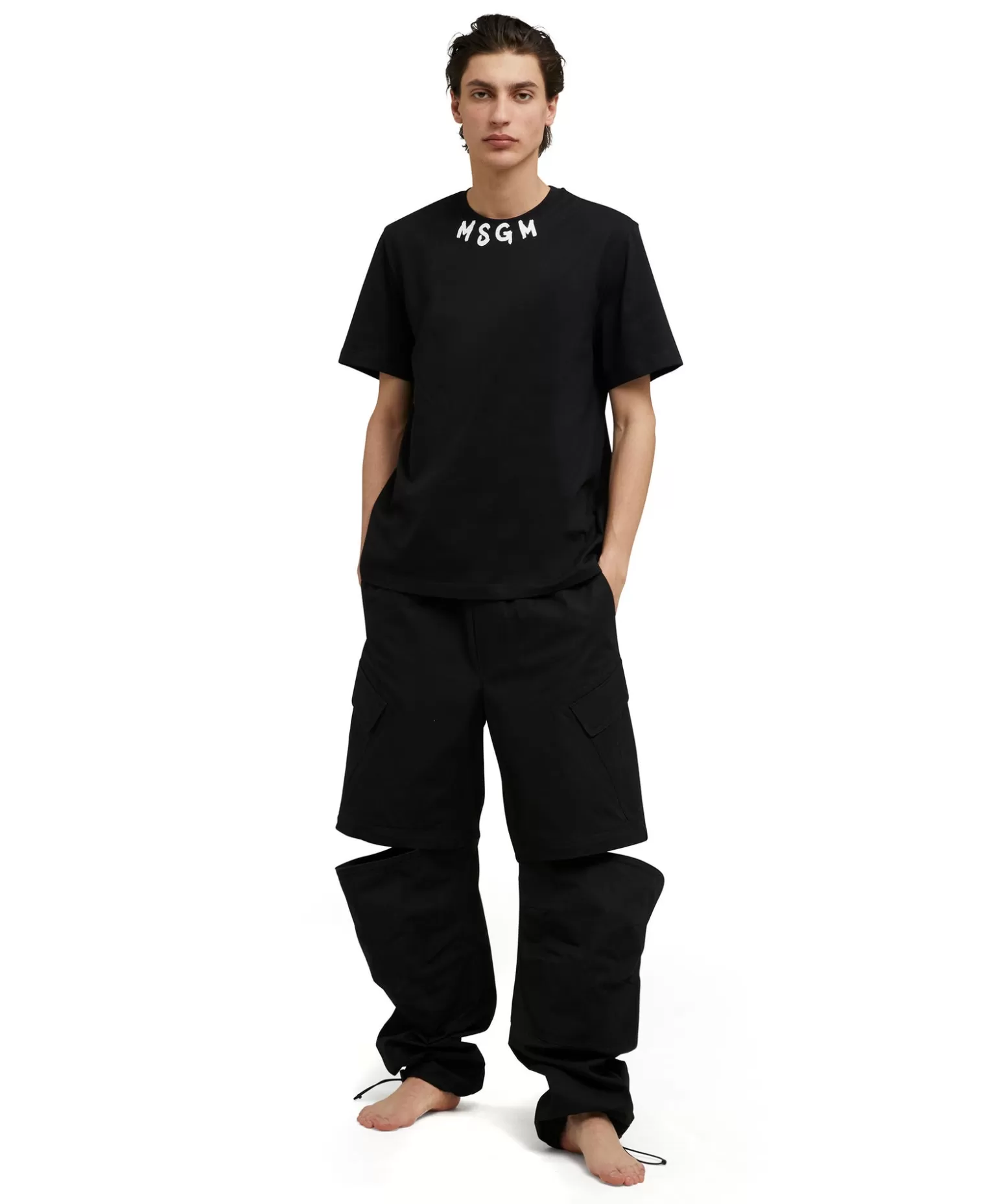 Uomo MSGM T-Shirt Girocollo In Cotone Con Logo Pennellato Posizionato Sul Collo