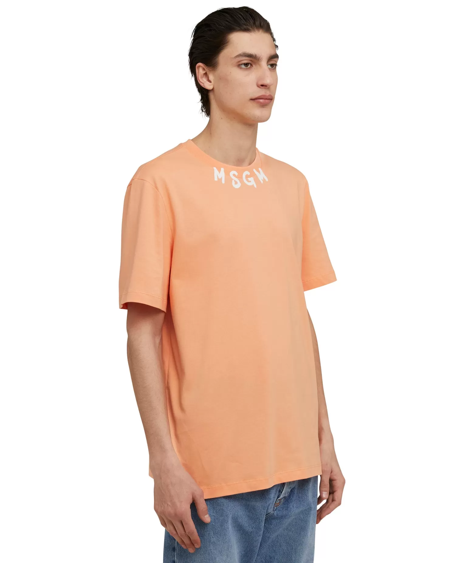 Uomo MSGM T-Shirt Girocollo In Cotone Con Logo Pennellato Posizionato Sul Collo