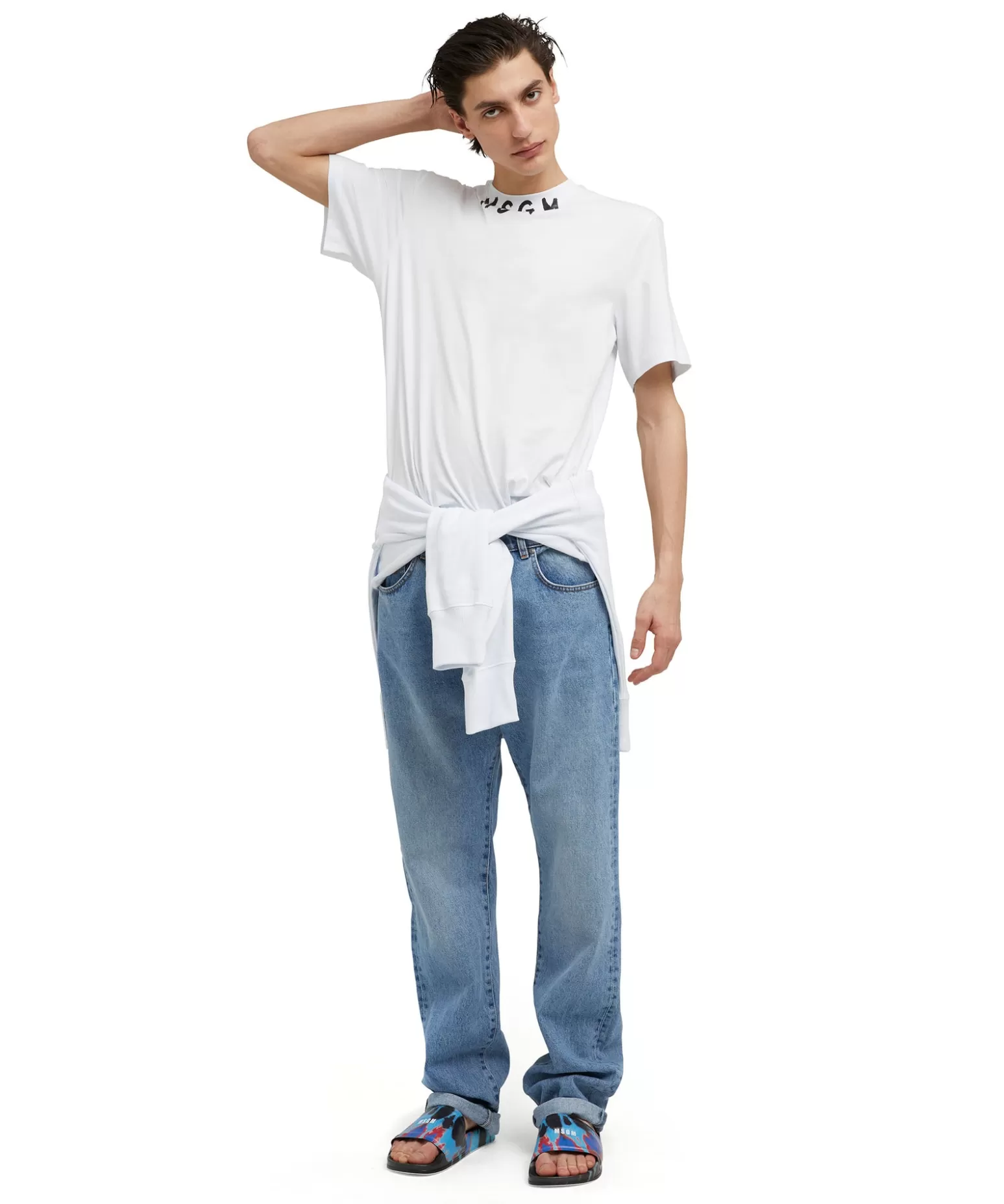 Uomo MSGM T-Shirt Girocollo In Cotone Con Logo Pennellato Posizionato Sul Collo