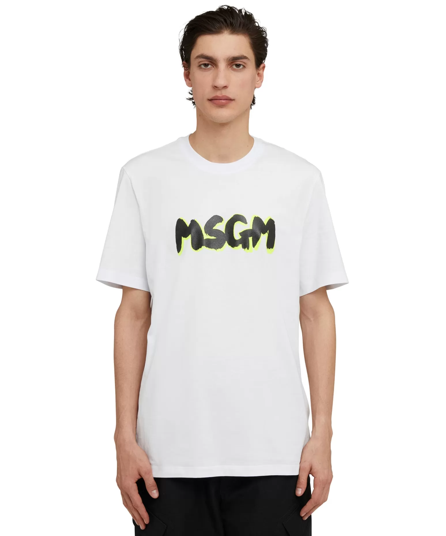 Uomo MSGM T-Shirt Girocollo In Cotone Con Nuovo Logo Pennellato Con Ombra Fluo