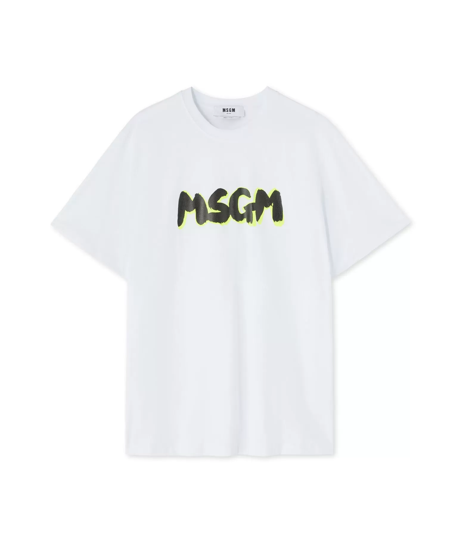 Uomo MSGM T-Shirt Girocollo In Cotone Con Nuovo Logo Pennellato Con Ombra Fluo