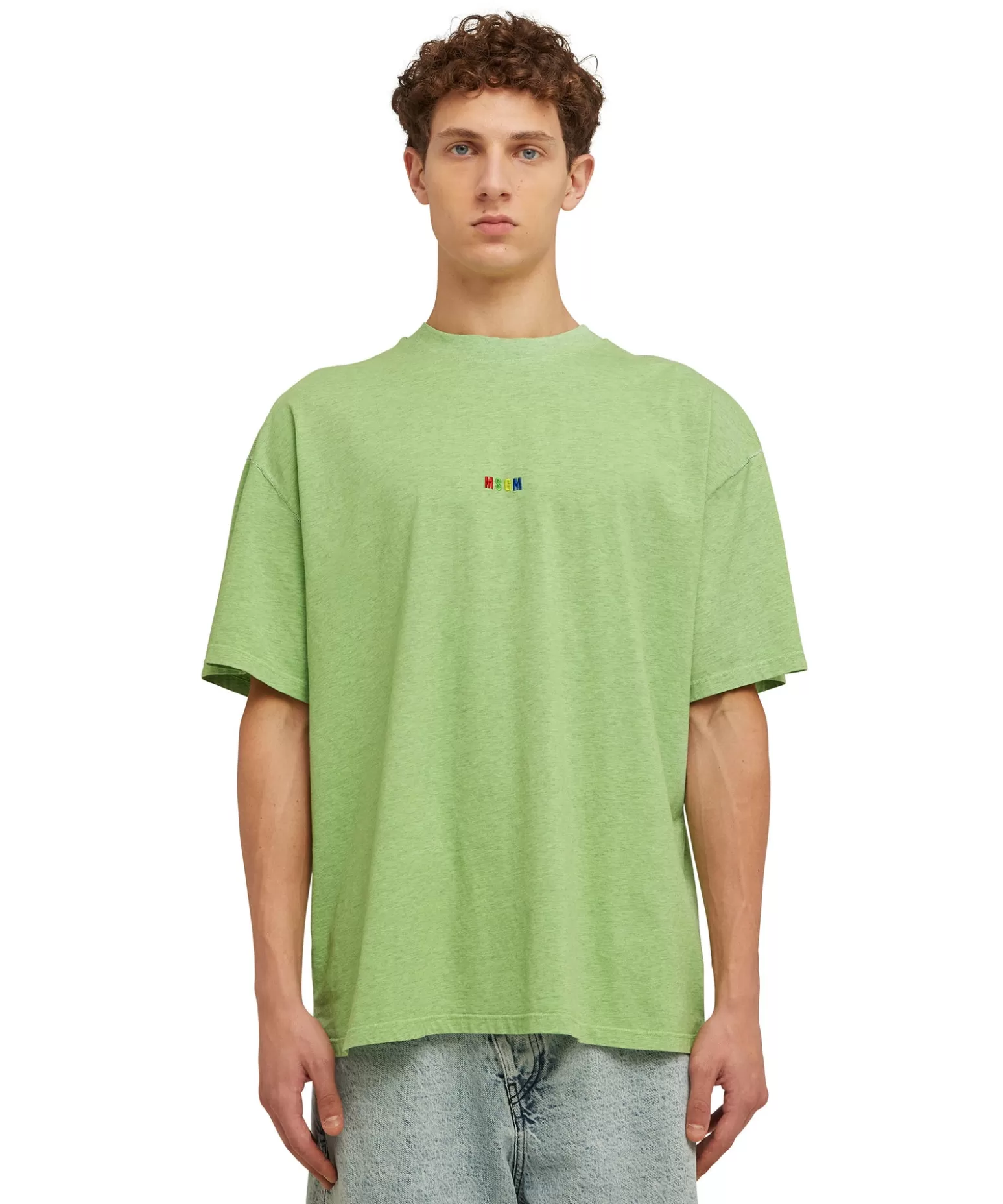 Uomo MSGM T-Shirt Girocollo In Cotone Melange Con Micro Logo Rainbow Ricamato