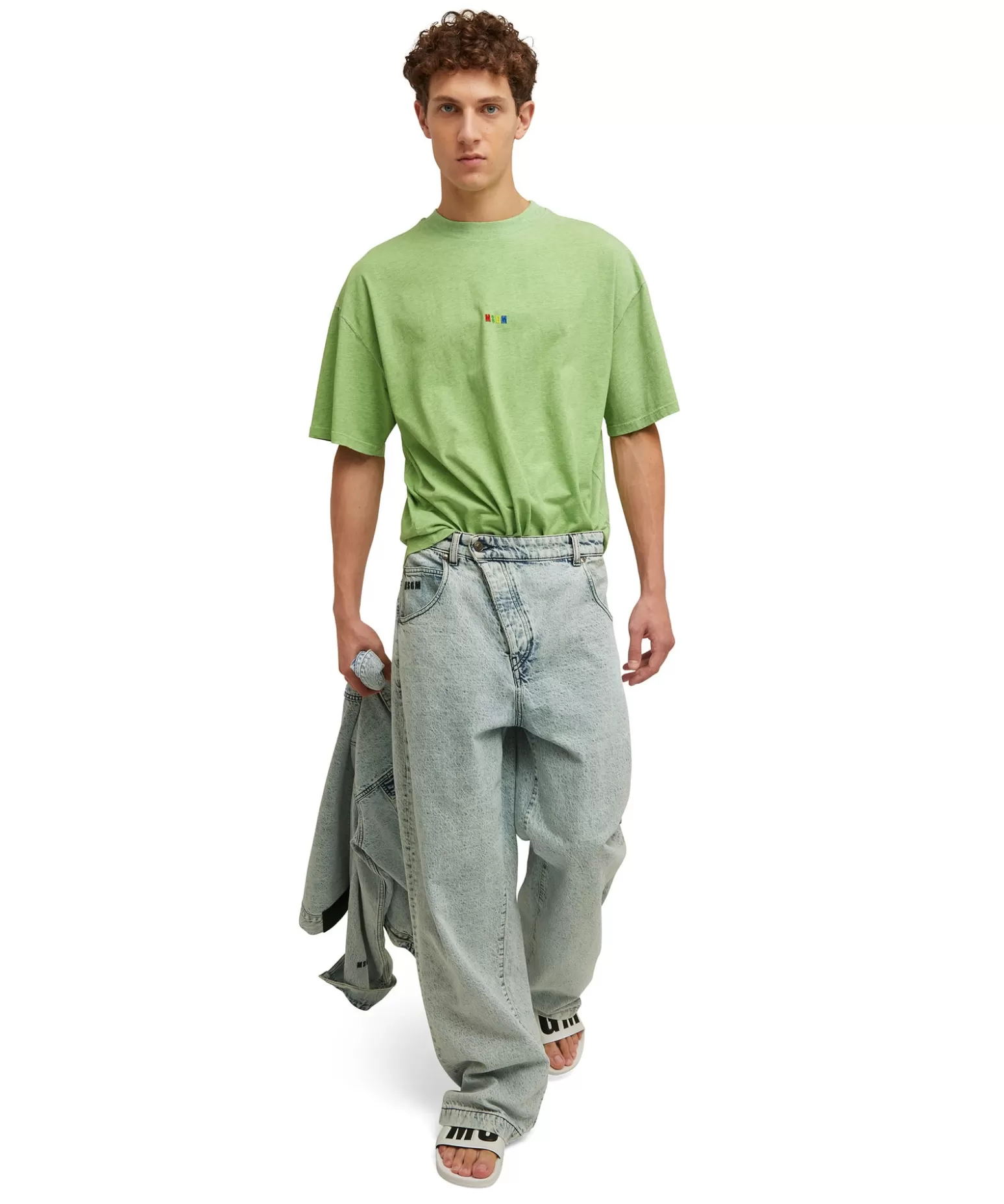 Uomo MSGM T-Shirt Girocollo In Cotone Melange Con Micro Logo Rainbow Ricamato