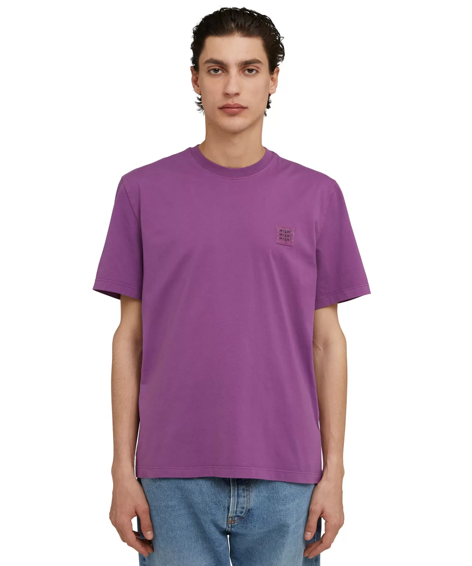 Uomo MSGM T-Shirt Girocollo In Cotone Tinta Unita Con Etichetta Con Logo Applicata