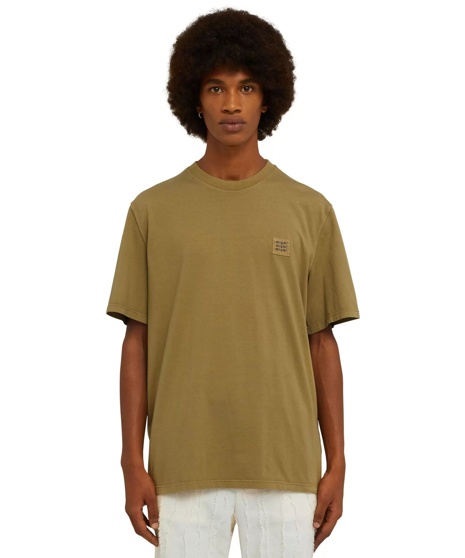 Uomo MSGM T-Shirt Girocollo In Cotone Tinta Unita Con Etichetta Con Logo Applicata