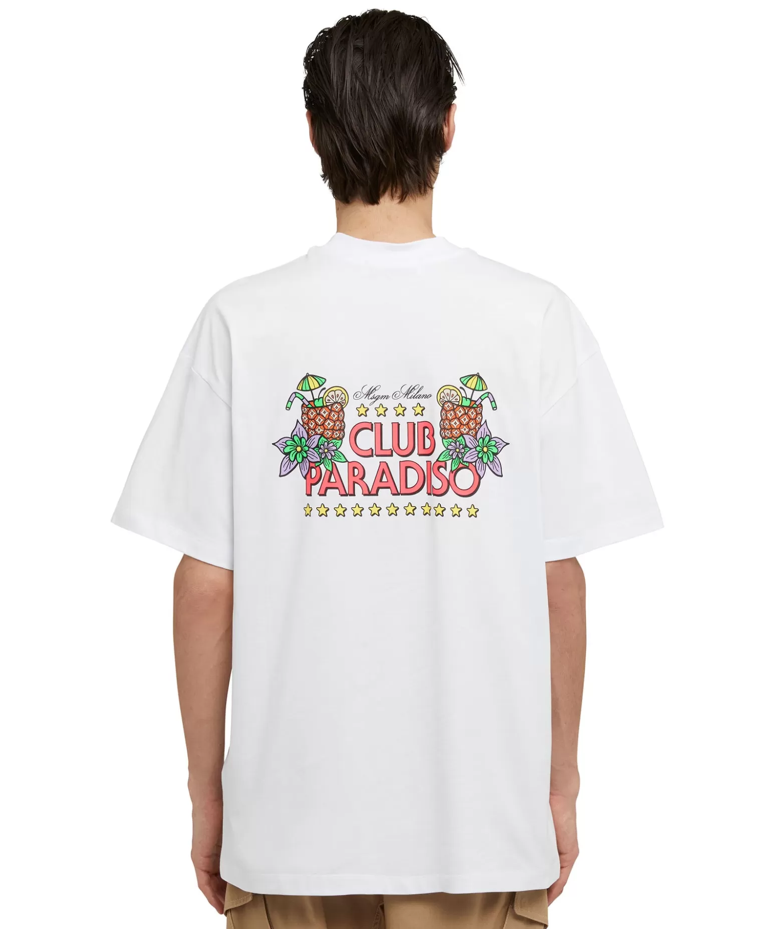 Uomo MSGM T-Shirt Girocollo In Cotone Tinta Unita Con Grafica "Club Paradiso"