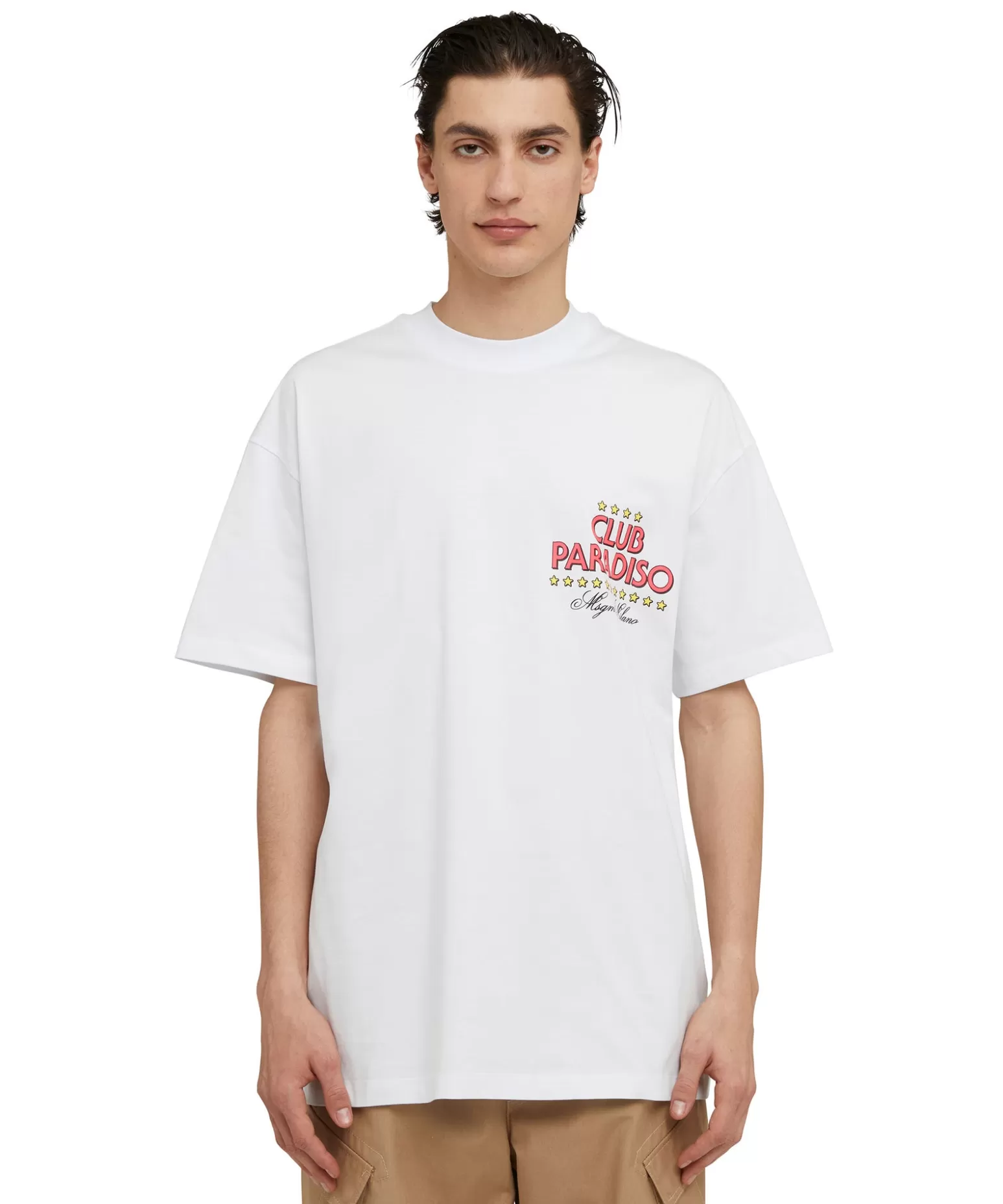Uomo MSGM T-Shirt Girocollo In Cotone Tinta Unita Con Grafica "Club Paradiso"