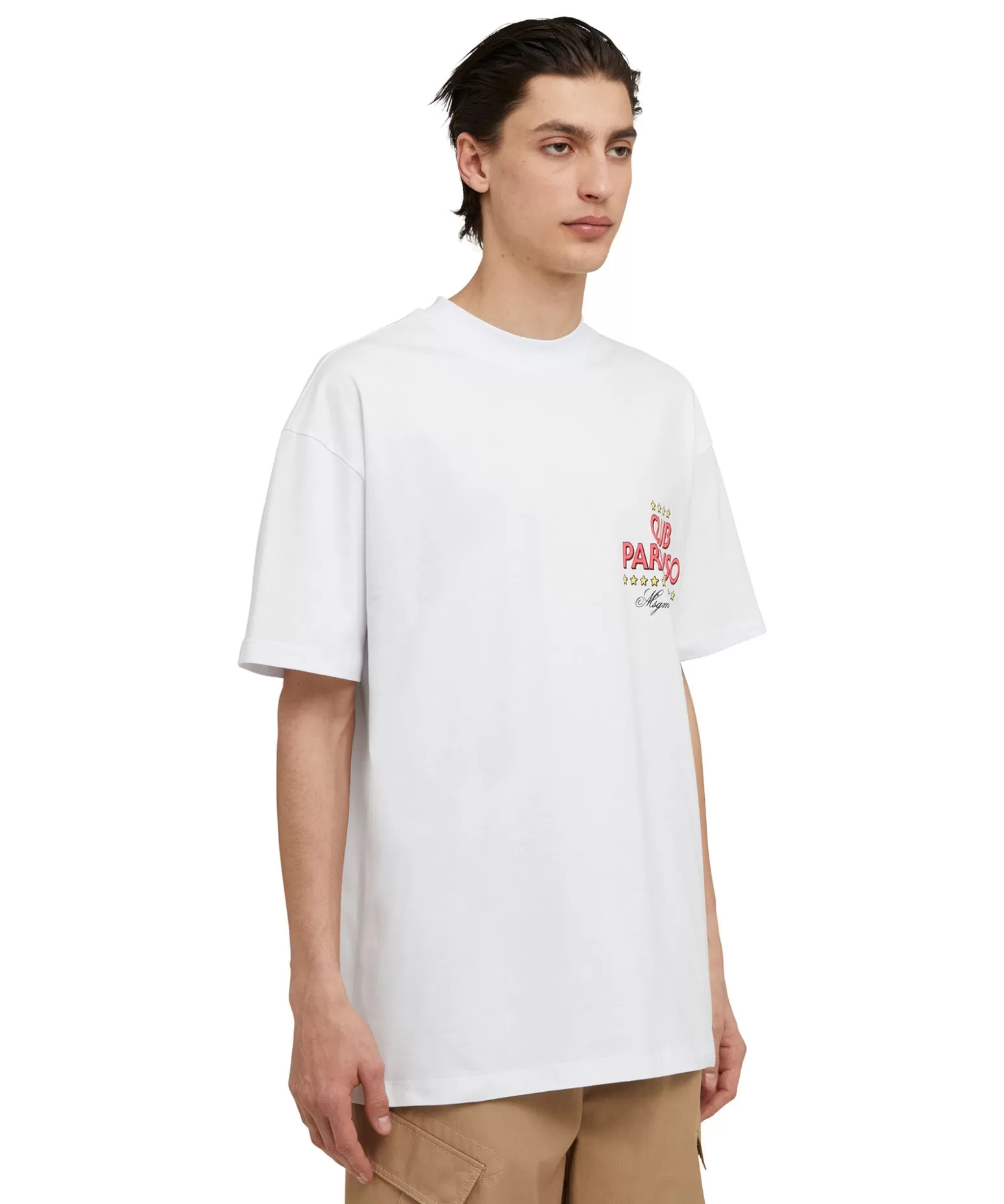 Uomo MSGM T-Shirt Girocollo In Cotone Tinta Unita Con Grafica "Club Paradiso"