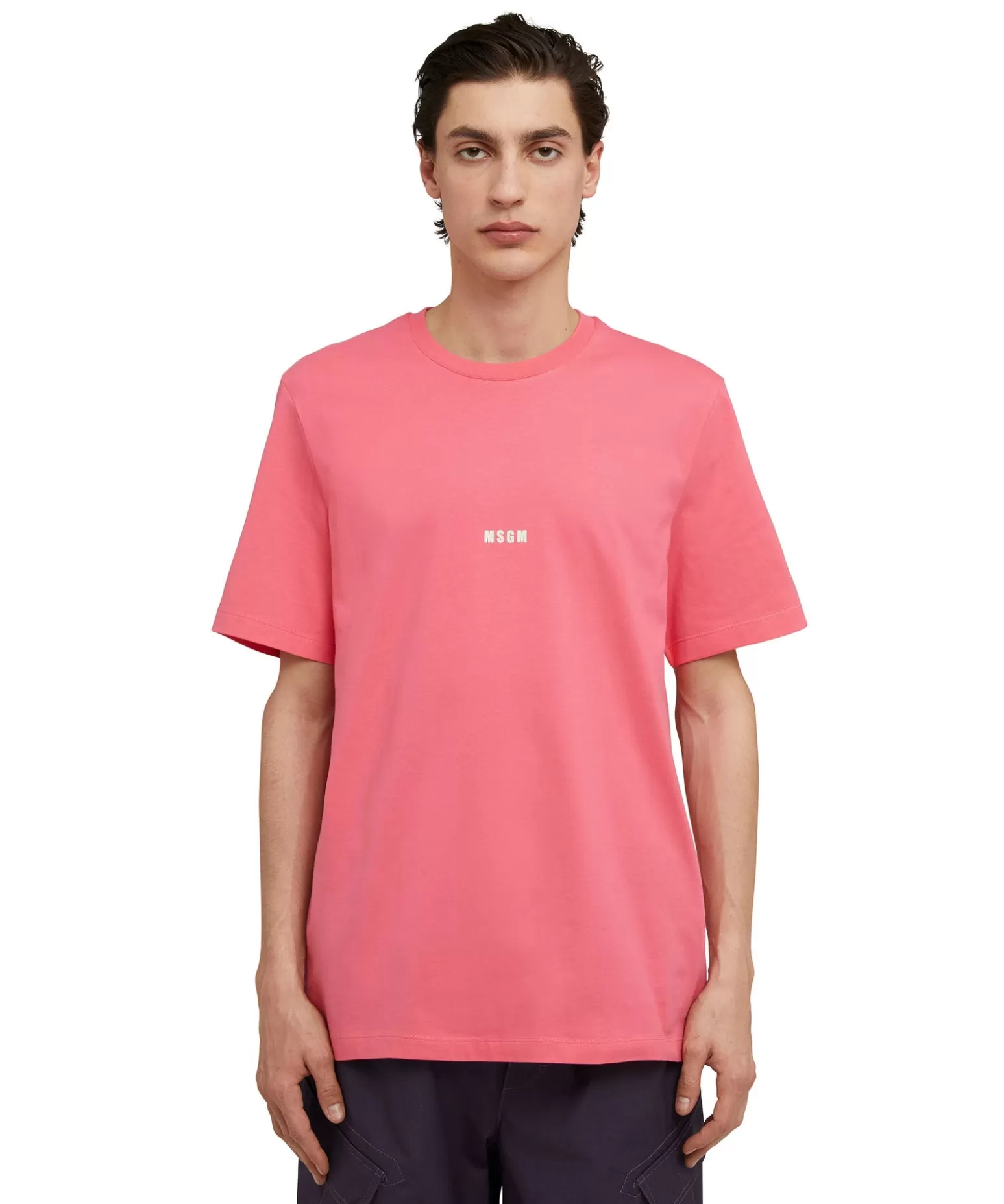 Uomo MSGM T-Shirt Girocollo In Cotone Tinta Unita Con Micro Logo